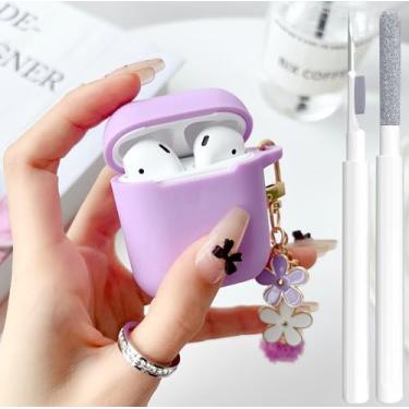 Imagem de Linda capa verde para AirPods 2ª/1ª geração, capa para meninas e mulheres, com chaveiro de flor pompom e kit de limpeza, silicone macio, Airpods iPod 2ª/1ª geração, capa protetora para AirPods 2/1