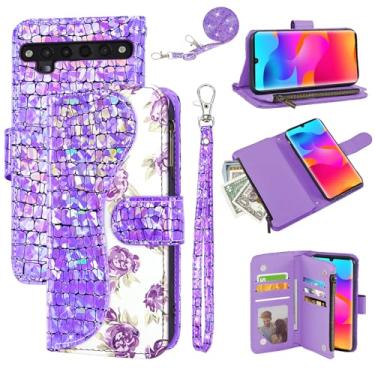 Imagem de Dibosom Capa carteira floral para TCL 10 Pro com alça de pulso alça de ombro flip zíper bolsa porta-cartão, suporte brilhante glitter bling capa de celular para TCL 10 Plus TCL10Pro TLC 10Pro T799B
