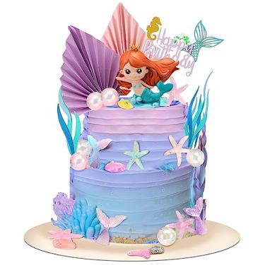 Imagem de Kit de 25 peças de enfeites de bolo de sereia sob o mar com pequenas resinas 3D sereia, algas marinhas, folhas de palmeira, bolhas, estrela-do-mar, cauda de sereia, palhetas de cupcake, para crianças, meninas, aniversário, chá de bebê, decoração de