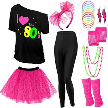 Imagem de Vabean Conjunto de 19 peças, fantasia dos anos 80, leggings, saia tutu, faixa de cabeça, colar, pulseiras, brincos, luvas, polainas femininas, Leggings pretas, 3G
