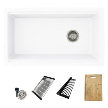 Imagem de STYLISH Pia de cozinha reversível reversível para estação de trabalho de 81 x 45 cm de montagem dupla de granito com coador, escorredor, escorredor e tábua de corte (branco) S-832WH