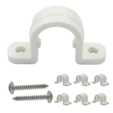 Imagem de Bonsicoky 12 conjuntos de braçadeiras de tubo de PVC - tiras de tubo de plástico de 1,5 cm com parafusos - clipes de grampos de tubo de plástico de dois furos - Clipes de conduíte de PVC para