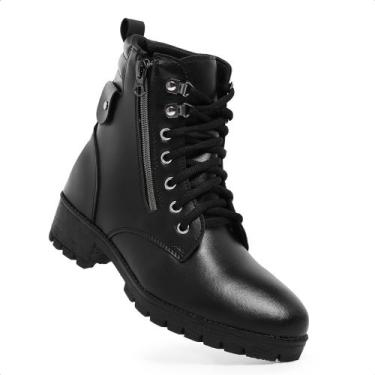 Imagem de Bota Coturno Feminino Casual Cano Curto Preto Militar Zíper Salto Baix