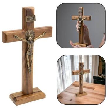 Imagem de Crucifixo Mesa E Parede Madeira Metal Medalha São Bento OV 26 Cm - FOR