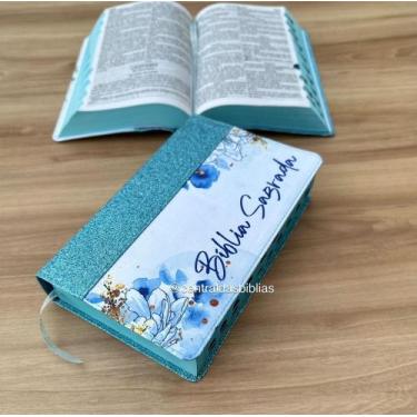 Imagem de Biblia Premium glitter azul flores Letras Grandes com Harpa E Corinhos