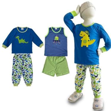 Imagem de Combo 3 Pijamas Infantis menino verão e inverno 100% algodão - Minhoqu
