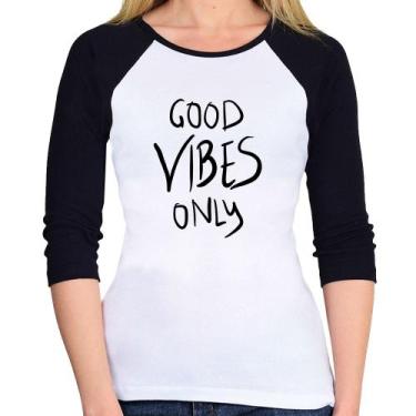 Imagem de Baby Look Raglan Good Vibes Only Manga 3/4 - Foca na Moda, Branco, Pre