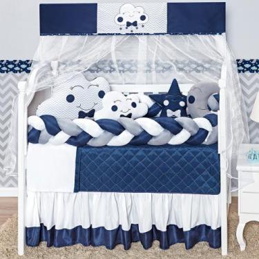 Imagem de Kit enxoval de berço 12 peças nuvem estampada com 2 tranças e saia box