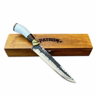 Imagem de Faca Churrasco 10P Inox 3mm Forj Chifre Branco Guarda Cx Mad - Patron