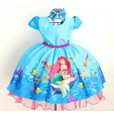 Imagem de Vestido Infantil De Festa Luxo Temático Sereia Com Tiara, Azul, 8