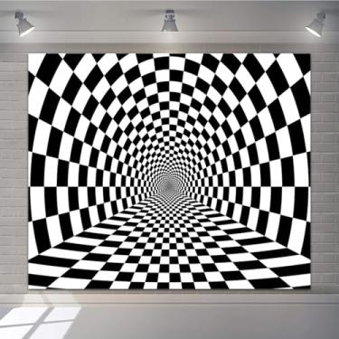 Imagem de Pano de fundo preto e branco com vórtice xadrez para fotografia 3 x 2 m, perspectiva futurista, tubo, túnel infinito, listrado, espiral, textura de corrida, tema de corrida, decoração de festa de