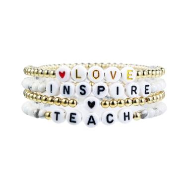 Imagem de Pulseiras empilháveis feitas à mão para professores coloridas Solf Argila Love Teach Inspire Letras Contas Pulseiras Ajustáveis Doces Presentes para Professores para Mulheres, Metal, Miçangas