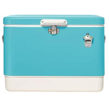 Imagem de FSE Cooler de metal retrô, capacidade de 80 latas/54 litros, lado rígido, dois tons, comporta até 80 latas de bebidas, estrutura de metal com forro de plástico, azul pacífico/creme