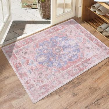 Imagem de Tapete floral vintage rosa, antiderrapante tipo colmeia, lavável, pequeno, para quarto, cozinha, porta de entrada, banheiro, 61 x 91 cm