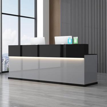 Imagem de Mesa de recepção com balcão, recepção de recepção grande, balcão de recepção de escritório com gavetas bloqueáveis, mesa de balcão de caixa de varejo em pé, cinza, 140 x 59,9 x 99,8 cm