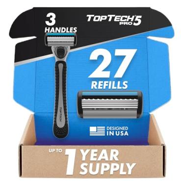 Imagem de Aparelho de Barbear Masculino Toptech PRO 5 - Barbeador Manual com Refis - Pacote com 30 Unid. (3 Cabos + 27 Cartuchos Refil) - Tecnologia de 5 Lâminas - Lâminas Afiadas - Refil econômico