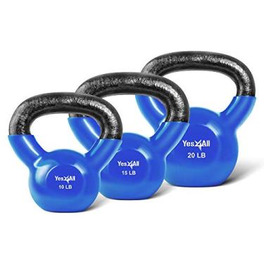 Imagem de Combo especial Yes4All: Conjuntos de peso Kettlebell revestidos de vinil – Peso disponível: 5, 10, 15, 20, 25, 13,6 kg (azul escuro – 10, 15, 9 kg) (KM1U)