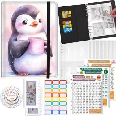 Imagem de Fichário Desafio de Economia de Dinheiro 100 Envelopes, Fichário A5 com 25 envelopes para dinheiro, 3 rastreadores laminados reutilizáveis economizando US$ 5050, 500, 10000, organizador de dinheiro,