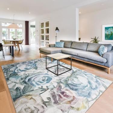 Imagem de DECOMALL Tapetes de área laváveis jasmim, 15 x 24 cm, tapete colorido moderno com suporte de borracha, tapete antiderrapante dobrável para sala de estar, quarto, sala de jantar, 1,8 x 2,7 m, azul/multi