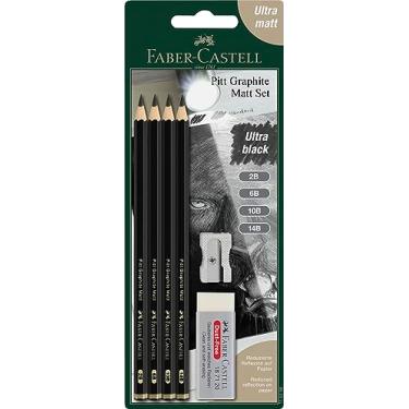 Imagem de Faber-Castell Conjunto de lápis fosco Pitt Graphite – 4 lápis de desenho (2B, 6B, 10B, 14B), suprimentos de esboço, apontador de lápis e borracha