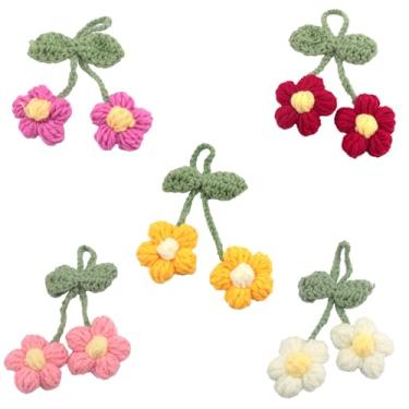 Imagem de ZZHXSM 5 peças de crochê feito à mão, 5 pétalas, flor de malha com cordão, 5 cores, flores pequenas, acessórios para roupas, acessórios para chaveiro, decoração, pingente, mochila, acessórios de
