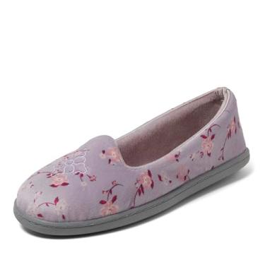 Imagem de Dearfoams Pantufa feminina Rebecca leve e aconchegante com espuma viscoelástica fechada nas costas com larguras largas, flores roxas, 7-8, Flores roxas, 7-8