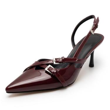 Imagem de KaroNairy Salto gatinho feminino bico fino salto slingback bico fechado vestido de casamento sapatos com fivelas, Vinho tinto, 40