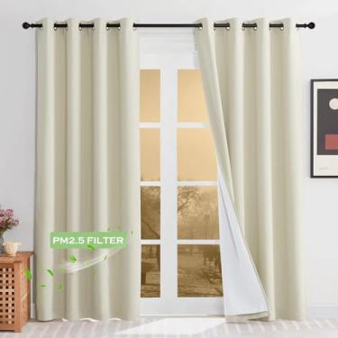 Imagem de KGORGE Cortinas de filtragem de partículas à prova de som e poeira 100% blackout, isolamento térmico, cortinas inteligentes de energia para sala de estar, quarto, berçário, L 122 x C 259 cm, bege