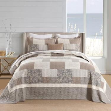 Imagem de QuiltEase Colcha King extragrande - 304,8 cm C C x 120 L - Conjunto de cama 100% algodão leve xadrez tamanho superdimensionado - Colchas reversíveis Califórnia - 3 peças - bege/marrom/pedra-pomes