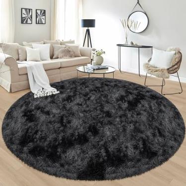 Imagem de JiaoBaba Tapete redondo preto tie dye de 2,4 x 2,4 m para quarto de quarto, tapete redondo fofo, tapete peludo, circular felpudo, lavável, antiderrapante, tapete de área grande, macio para sala de