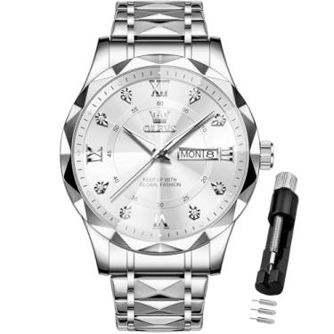 Imagem de OLEVS Relógios masculinos luxuosos, casuais, com mostrador grande, de aço inoxidável, à prova d'água, para negócios, analógico, luminoso, data, relógios masculinos, Relógio prateado 09, relógio