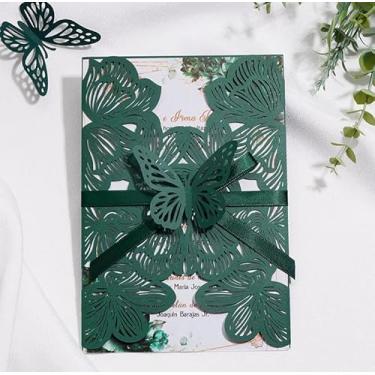 Imagem de 50 peças de cartões de convite de casamento personalizados corte a laser borboleta oca com fitas verde escuro kits de convite com envelopes e cartões de resposta para casamento, chá de bebê,