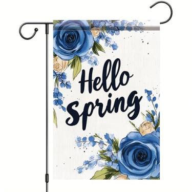 Imagem de Starlit Patio Hello Spring Bandeira de jardim floral 30,5 x 45,7 cm vertical dupla face flores coloridas verão fazenda férias decorações externas bandeira de quintal floral bandeira externa