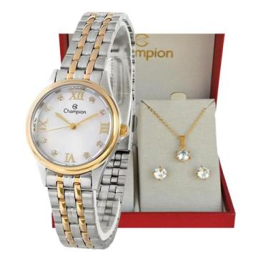 Imagem de Relogio Champion Dourado e Prateado Pequeno Feminino CH24900C + Kit Se