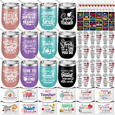 Imagem de Lemosae Conjunto de 60 peças de presentes de agradecimento ao professor, presentes de dia dos professores, 12 copos de vinho, 12 sacos de maquiagem, 12 mini blocos de notas, 12 meias, 12 chaveiros,