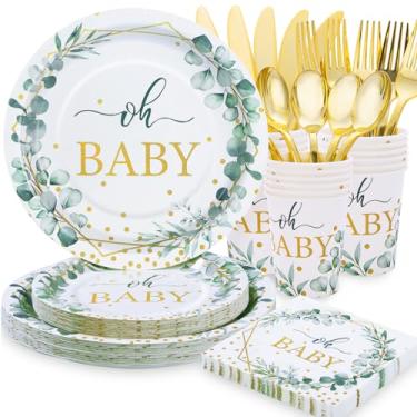 Imagem de Gudvilla 140PCS Sage Green Baby Shower Decorations, Baby Shower Plates and Cups and Napkins Sets Serves 20, Baby Boy Shower Plates, Oh Baby Plates for Eucalyptus Boho Neutral Baby Shower Decorations