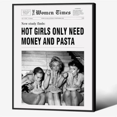 Imagem de Pôster estético moderno preto e branco vintage jornal arte de parede moda mulheres comendo macarrão cozinha impressões 30 x 40 cm preto emoldurado para decoração de parede de quarto de menina gostosa