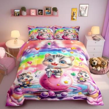 Imagem de Conjunto de edredom solteiro com desenho animado de gato, notas musicais coloridas, arco-íris, nebulosa, planetas, todas as estações, conjunto de edredom kawaii, animal cantante, 2 peças