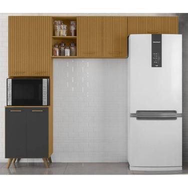 Imagem de Armário de Cozinha Compacta 3 peças Olinda - Freijó UV/ Ripado/Grafite Acetinado Poliman