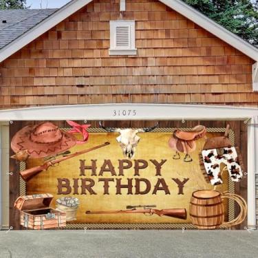 Imagem de Birthday Western Cowboy Garage Door Cover Banner Decorações Pano de fundo 2,1 x 4,9 m Grande Feliz Aniversário Chapéu Cowboy Selim Espingarda Cask Garagem Porta Cobertura Exterior Festa de Aniversário