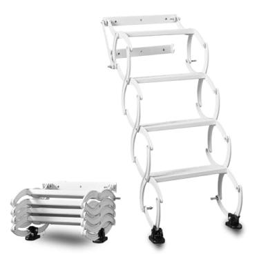 Imagem de Escada dobrável montada na parede de 4 degraus, escadas dobráveis retráteis, escadas de acampamento portátil, sistema de puxar escada no sótão, para trailer, armazém (branco, 4 degraus)