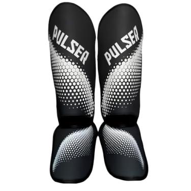 Imagem de Caneleira Pulser Protetor Canela Muay Thai Kickboxing 20mm PU Articulada (Preto Hexa Branco, G)