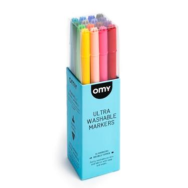 Imagem de Omy Marcadores de feltro com ponta dupla ultra-laváveis, caixa com 16 cores brilhantes, tinta facilmente removida com sabão e água
