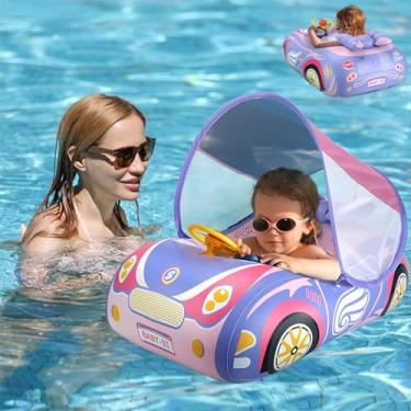 Imagem de Boia de piscina para bebês com dossel – Carro 3D grosso PVC inflável para natação flutuante com cobertura de para-sol e volante – Boia flutuante para bebês de 1 a 4 anos de idade e meninos