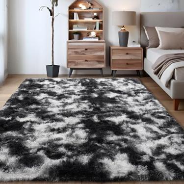 Imagem de KING DARE Tapete de área 12 x 18 cm preto e branco, tapete felpudo fofo para quarto, sala de estar, tapete felpudo moderno antiderrapante para adolescentes, dormitório, berçário, decoração de casa