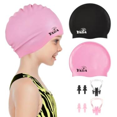 Imagem de Touca de natação infantil para piscina, touca de natação para crianças (preto e rosa, grande (idade 8-15))