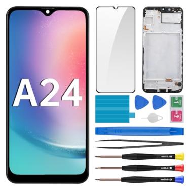Imagem de BESJMYT Substituição de tela para Samsung Galaxy A24 com moldura LCD, digitalizador sensível ao toque, montagem completa e botão lateral, alto-falante, vibração, motor, vidro, kit de ferramentas