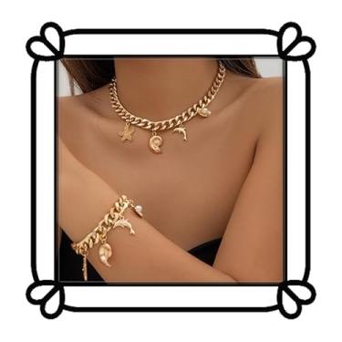 Imagem de DIONFEI Conjunto de corrente barroca com pingente de concha de estrela do mar - Golden Mermaid Scallop Beach Retro Chic Joias femininas oceano, Tear Drop Set, Metal, Sem Pedra Preciosa