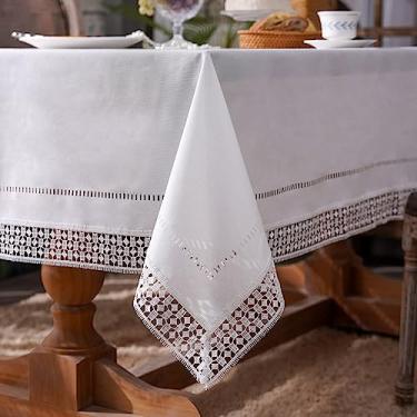 Imagem de ARTABLE Toalhas de mesa de renda com borda de macramê requintada bordada cozinha festiva toalha de mesa de tecido (off-white-1,55 x 86 polegadas)