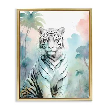 Imagem de Stupell Industries Arte de parede em tela flutuante com moldura dourada de tigre branco na selva, design de Kim Allen, 43 x 53 cm